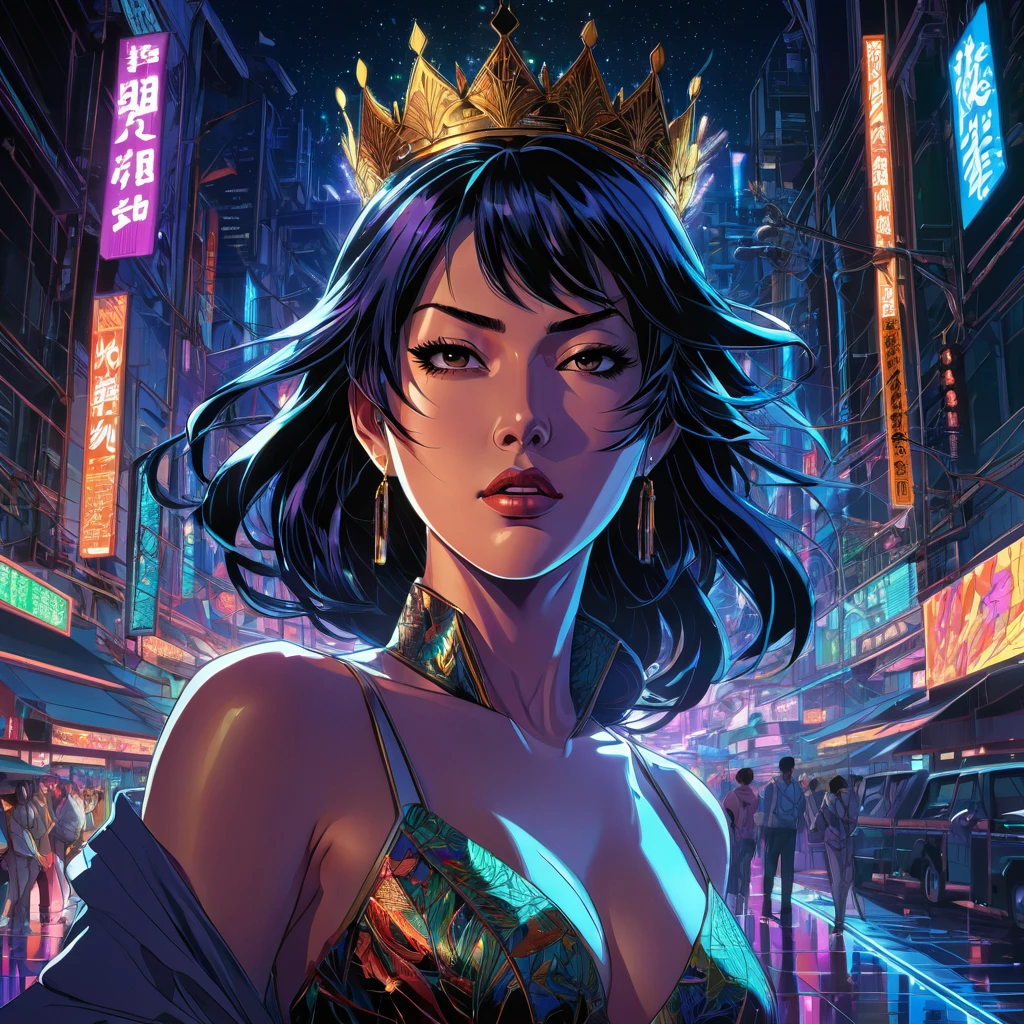 an angry queen of the night, an anime drawing, trending on Artstation, serial art, martin ansin artwork portrait, at nighttime, dan mumford , disco elysium artwork, makoto sinkai, detailed anime artwork, bright colors, dark tones, intricate details, energetic composition, symmetrical, by sam yang, by makoto shinkai