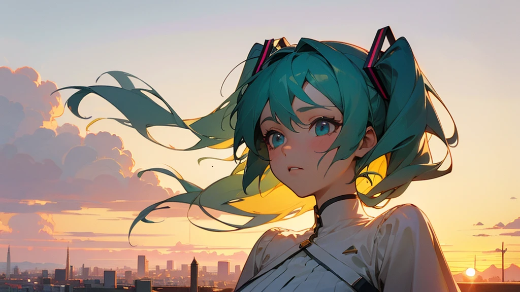 (masterpiece,best quality:1.4), high resolution,super fine illustration, detailed skin, detailed face, detailed eyes,"Describe a serene scene of Hatsune Miku gazing up at the sky at dawn, with soft rays of sunlight filtering through the clouds.The atmosphere is calm and peaceful, with a gentle breeze rustling through the city. Hatsune Miku's hair and dress flow gracefully in the wind, and there is a sense of tranquility and sadness in her expression.",with a wide shot,using a pulled-back composition