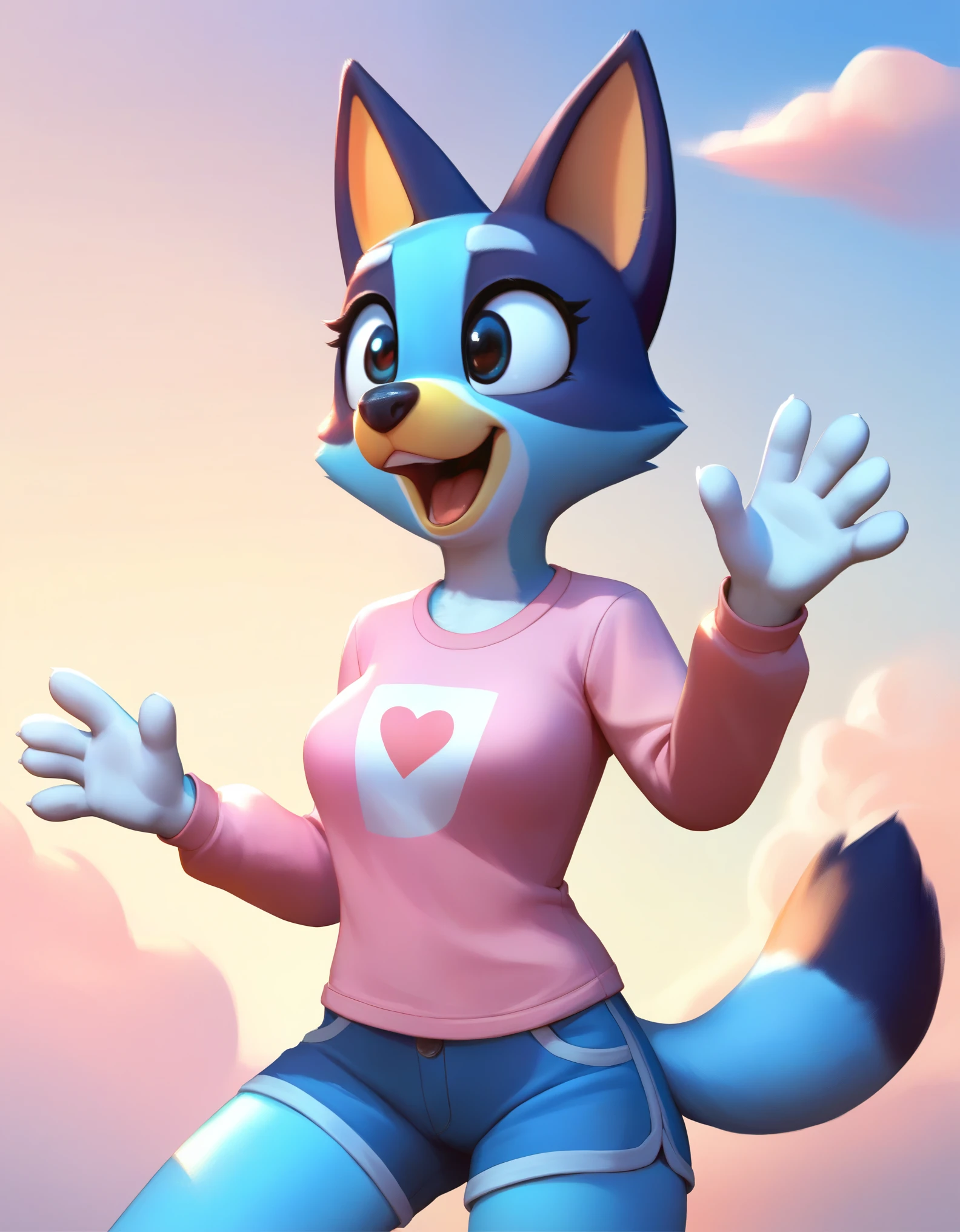 score_9, score_8_up, score_8, 1girl, source_cartoon, source_furry, blueyxl, bluey heeler, (boxchibi:0.2), 11 year old girl, cowboy shot, anthro, furry, tail, blue body, animal ears, flat shaded background, sky, day, cloud, blue sky, excited expression, childlike joy, jump for joy, feminine, female, slender figure, slim body, detailed fur texture, cute outfit, blue shorts, pink shirt, long sleeve, 