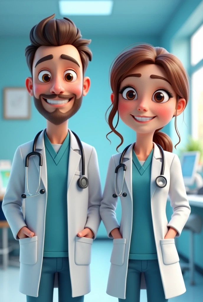 Cartoon characters of a male and female doctor wearing a lab coat and stethoscope , an animated character, stylized character, animation style rendering, 3d stylized, , Stylized 3D rendering, toon render screenshot, 3d character, 3d character, Stylized 3D rendering, 3D character rendering, cartoon character, Personagem de close up, character posing, (Pixar-style) (bokeh) (best qualityer) (skin detailed) (detailed texture) (8k) (Argilla) (cinematic lighting) (sharp focus,Sit down and lift your upper body