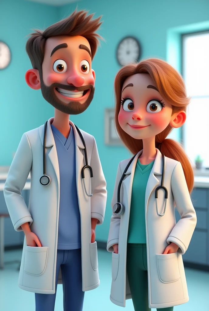 Cartoon characters of a male and female doctor wearing a lab coat and stethoscope , an animated character, stylized character, animation style rendering, 3d stylized, , Stylized 3D rendering, toon render screenshot, 3d character, 3d character, Stylized 3D rendering, 3D character rendering, cartoon character, Personagem de close up, character posing, (Pixar-style) (bokeh) (best qualityer) (skin detailed) (detailed texture) (8k) (Argilla) (cinematic lighting) (sharp focus，Sit down and lift your upper body