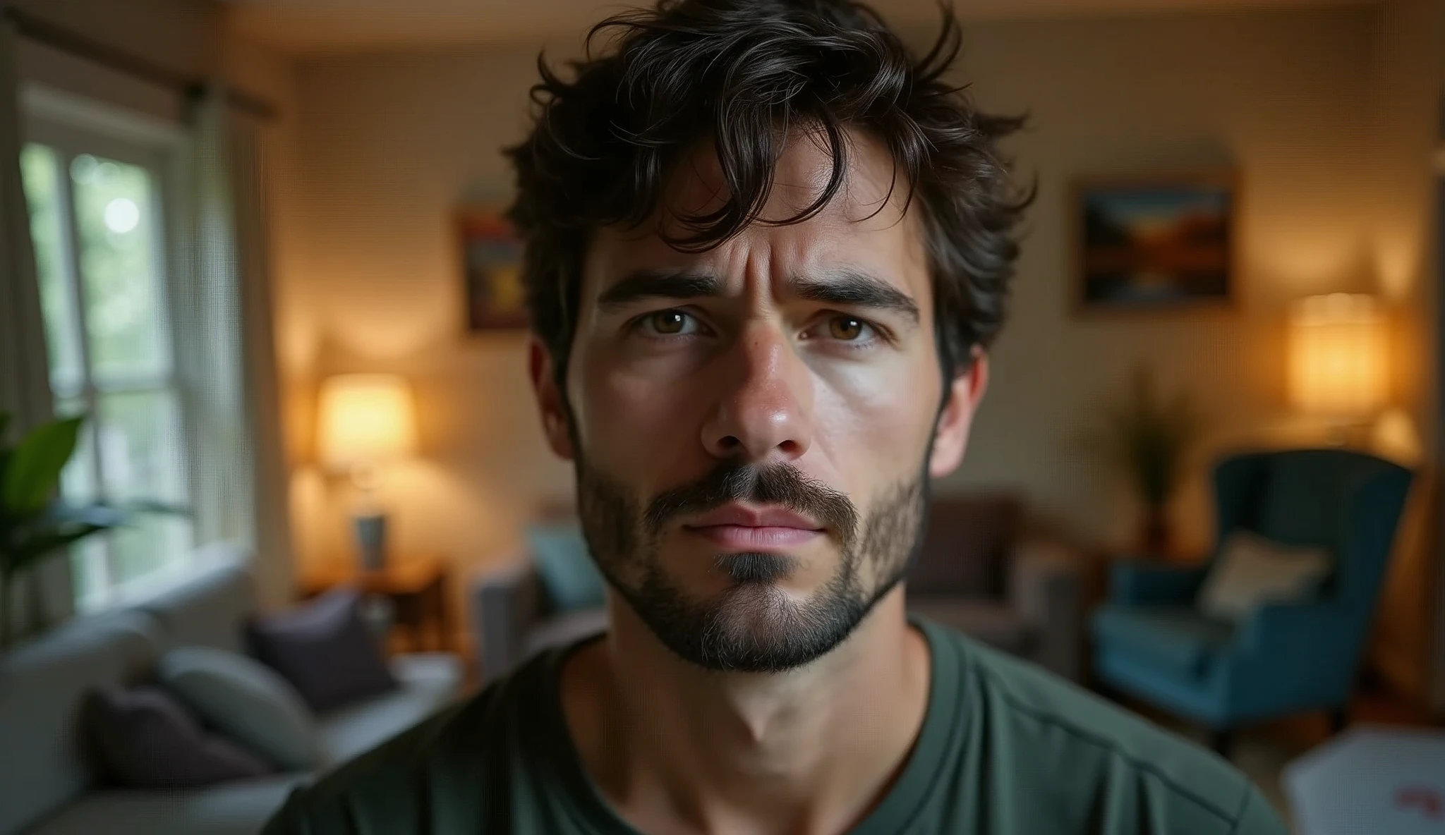 Portrait of a 35-year-old adult man with a youthful appearance, with himself as the main subject. He should have short, slightly wavy dark brown hair and a sparse beard evenly distributed across his face, as well as a serious, worried expression, looking directly at the camera. He is in an indoor environment, suggesting a living room in a house, with warm natural external lighting coming from the side, creating a soft effect that creates diffuse shadows that highlight the texture of the skin and the brightness of the eyes, as well as emphasizing the angular features of the face. The background should be wide and blurred, giving a tone of depth, focusing on the main subject, and should suggest Items such as a sofa, armchair, paintings on the wall, a potted plant, a lamp lit in a bokeh effect and whatever else makes up a living room in a house should be present, but blurred so as not to distract the man's attention. The image should convey an introspective feeling, with a touch of mystery and contemplation. The photograph should capture extreme detail, with high-quality rendering in 8k, maintaining the serene and enigmatic atmosphere. High quality photography, 8k rendering, extreme detail, realistic portrait, introspective atmosphere, soft and diffused lighting, natural light.