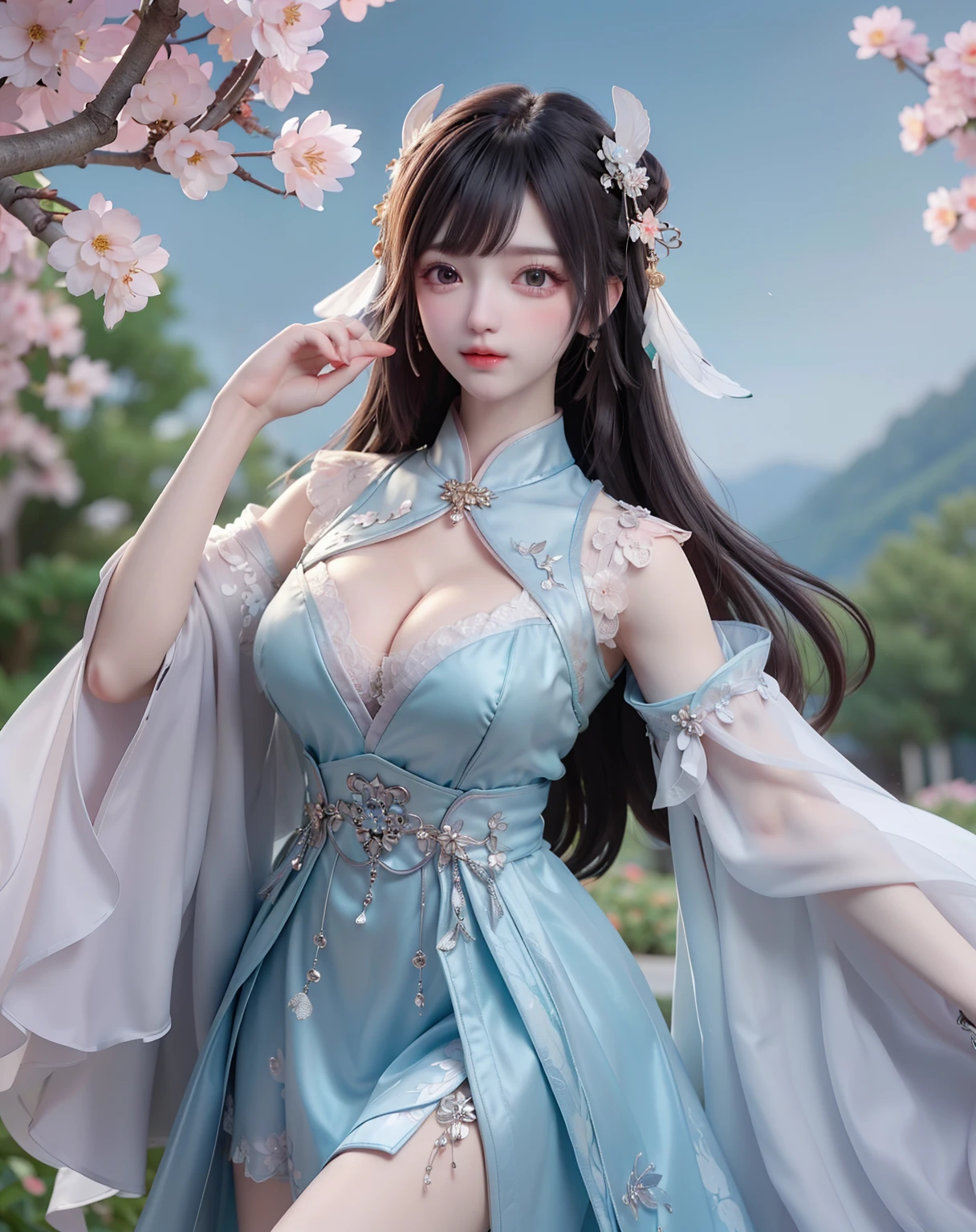 (8k, RAW photo:1.2), best quality, ultra high res,dramatic angle,(fluttered detailed color splashs), (illustration),(((1 girl))),(long hair),(rain:0.9), (Headdress:1.4),There is an ancient palace beside the girl,Hanfu,(Key Points),Color ink painting,(Splash of Color),Splash of Color,(((colorful))),(sketch:0.8) , Masterpiece, best quality, beautiful painted, highly detailed,(denoising:0.6),[splash ink],((ink refraction)), (beautiful detailed sky),moon,highly,detaild,(masterpiece, best quality, extremely detailed） CG Unity 8k Wallpaper，masterpiece，best quality，Ultra Detailed），（Lycoris）. hanfu open v open V-chested clothes Thin silk lace dress , (huge ，cleavage),, white pink and gren，best qualtiy，tmasterpiece，Ultra-high resolution，（Reality：1.4），RAW photogr，（True skin texture：1.3），（filmgrain：1.3），（Selfie angle），1个Giant Breast Girl，Beautiful eye and face details，tmasterpiece，Best quality at best，，The chest more exposed， detailed hair, bra purple and green , detail 8k, upper body, lace petticoat