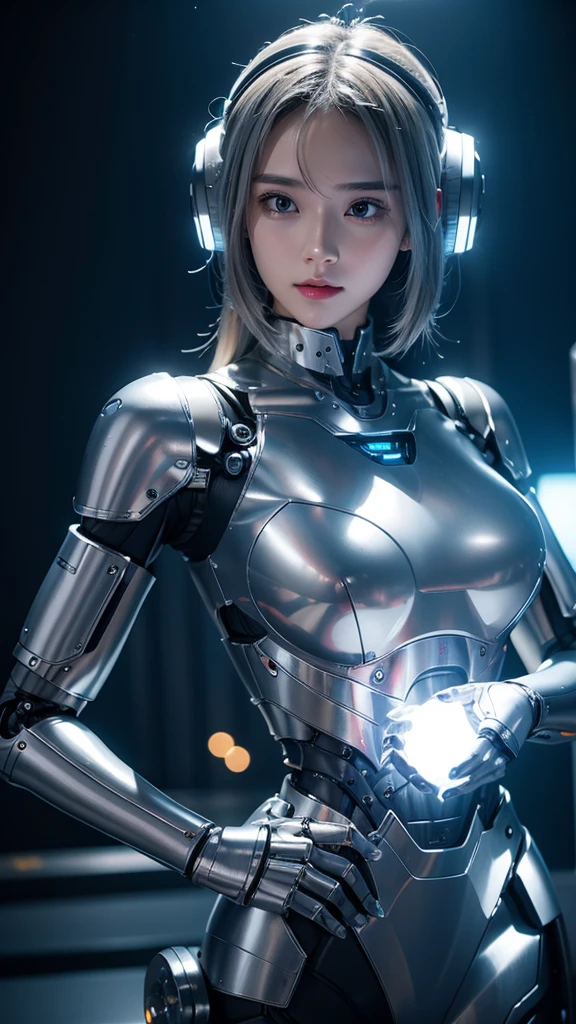 Android、beautiful girl、Metal Body、robotic hand、Glowing silver、G Cup
