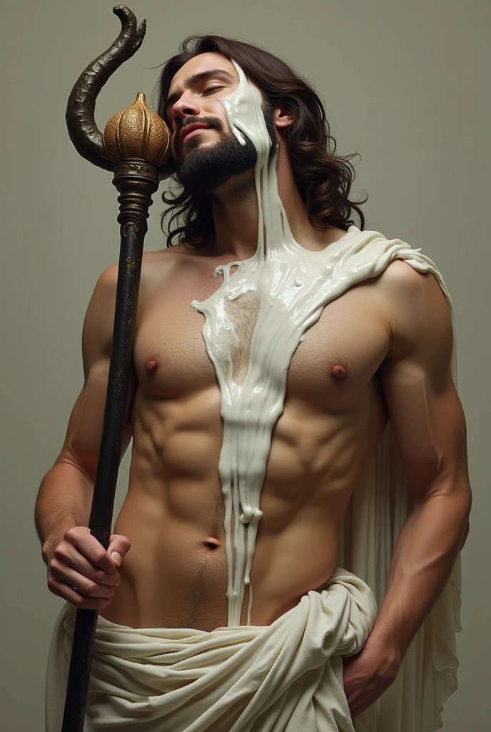 A hot Jesus is holding a long black veiny staff that has a end that is formed like a nut. Out of that nut comes a white sticky and slimy substances that covers the face and chest of the hot Jesus while he smiles