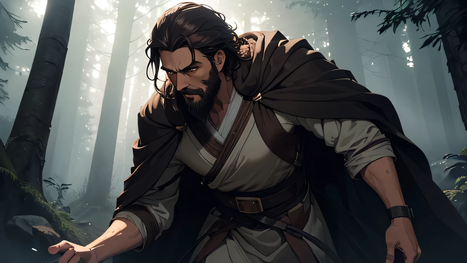 Scared man with dark brown beard, long dark brown hair, light yellowish brown eyes and dark brown and light brown robe from the 4th century BC, with a light brown cloak, about 50 years old, running in a dark and mysterious forest at night, running in the forest, moody lighting, hyper-realistic cinematic lighting,