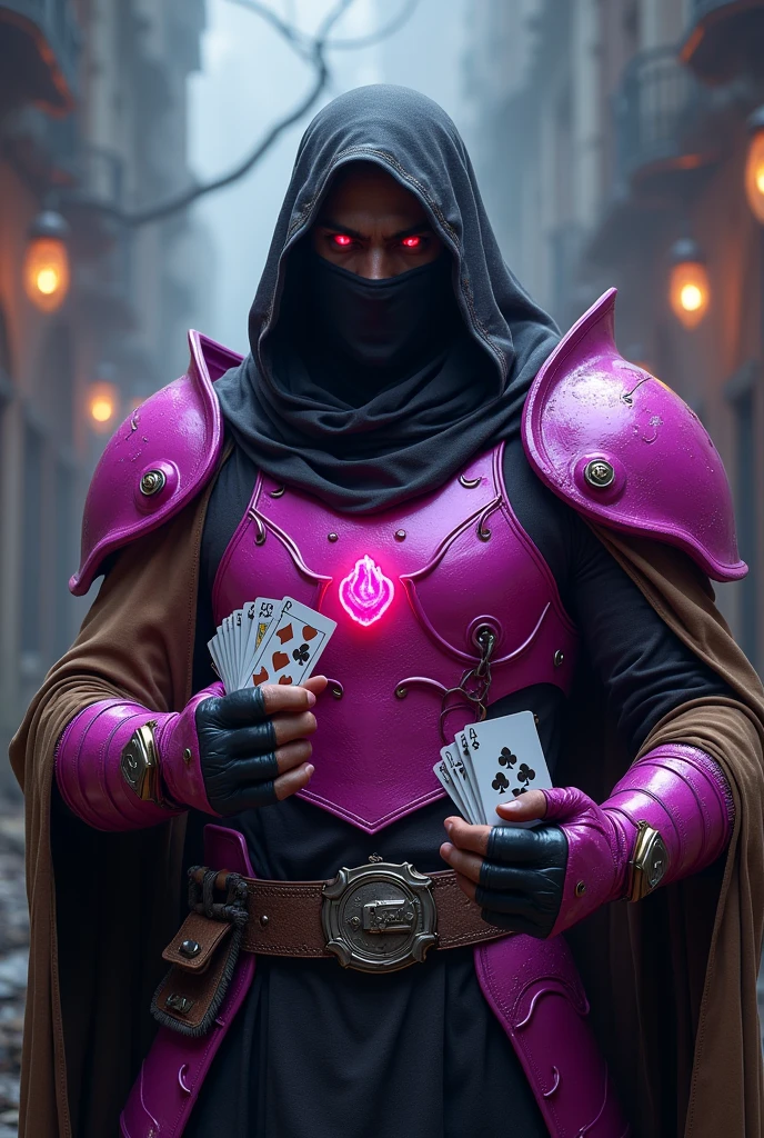 man in magenta chestplate armor, black head sock, red eyes, black pants, fingerless gloves, brown trenchcoat, metal boots, holding playing cards and an energy staff, cinematic lighting, detailed rendering, epic fantasy, vibrant colors, dramatic pose, photorealistic, 8k, hyper detailed
