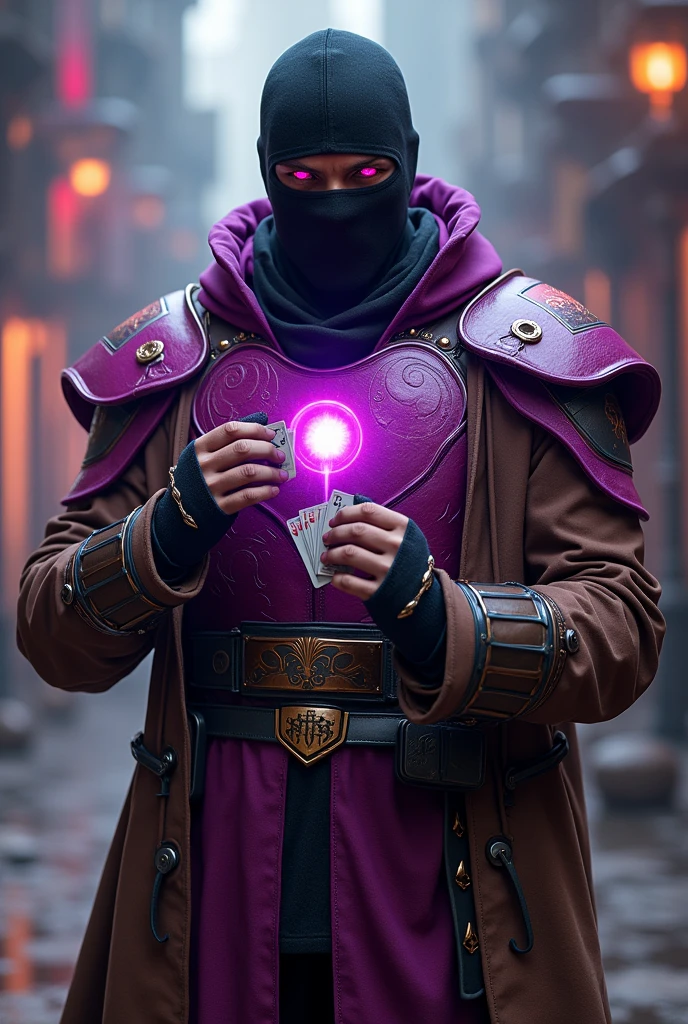 man in magenta chestplate armor, black head sock, red eyes, black pants, fingerless gloves, brown trenchcoat, metal boots, holding playing cards and an energy staff, cinematic lighting, detailed rendering, epic fantasy, vibrant colors, dramatic pose, photorealistic, 8k, hyper detailed