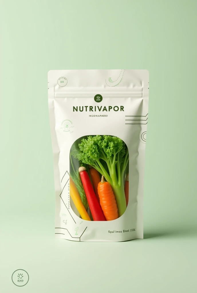 Create an image of a packaging for steaming cooked vegetables and put the Nutrivapor brand on it.