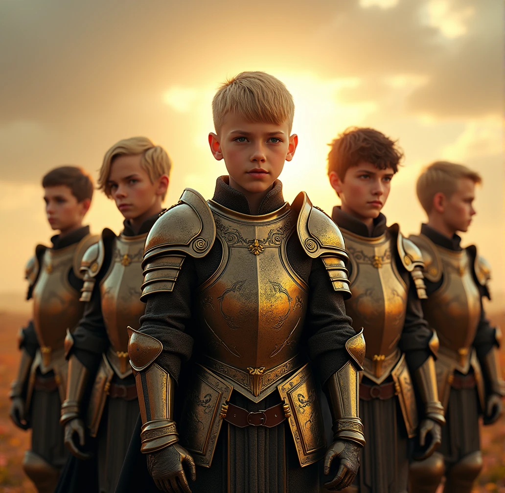 Make this image of gold and black colors. With 5 young looking knights
