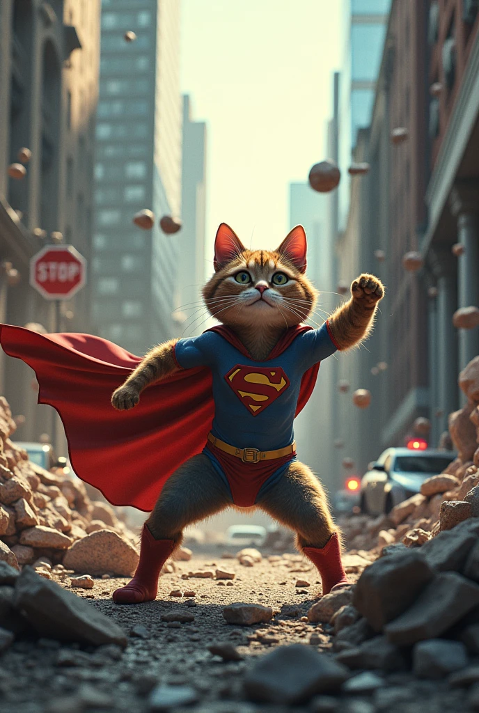 A bridge collapsing on a superhero cat that breaks the bridge