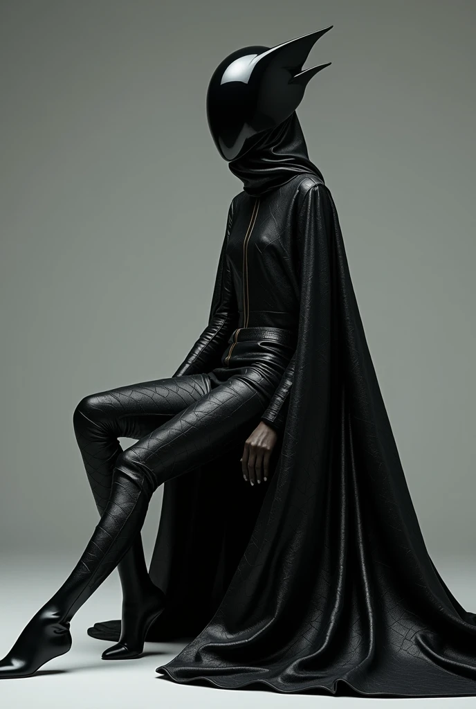 A figure draped in a shimmering black garment with a unique geometric pattern. The garment has a pointed, elongated structure extending from the head, resembling a helmet or mask. The figure is seated, with one leg extended forward and the other bent. The background is muted, emphasizing the figure and the garment., fashion