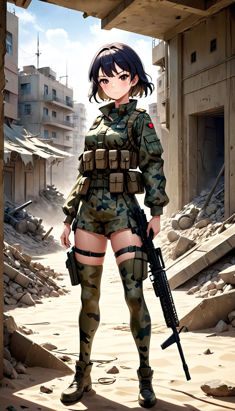 Una chica militar fuertemente weaponda, weapon:1.3, Military camouflage pattern, rugged and battle-worn, 3D Anime Representation:1.5, Very detailed, cinematic lighting, dramatic shadows, sandy and dirty, epic scale, award-winning digital art, ultra high definition, photorealistic, masterpiece