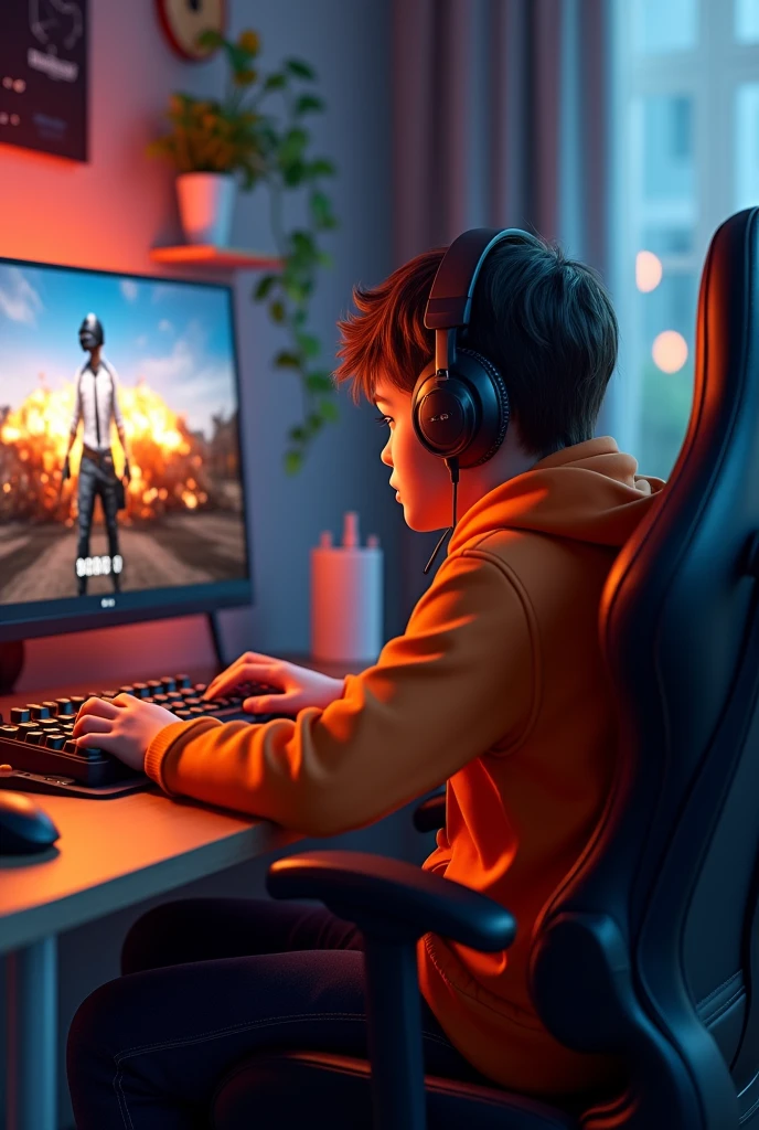 Create A 3D Realistic image of a Boy sitting in gaming room on gaming chair and playing on pubg application on his pc. The boy must wear dark orang hoodie headphones And his name "falinTDMxDAKU " is Written on his pc with orange colour neon light.