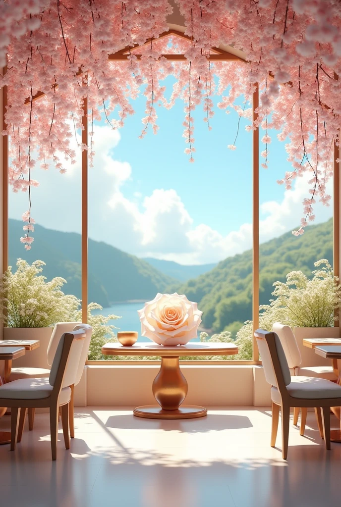 Cherry blossom themed cafe, white and gold rose, background