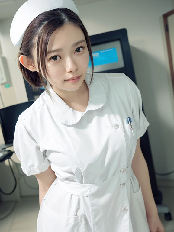 woman, alone, (Wearing white nurse clothes:1.2), low knot ponytail, Pulled Up Hairstyles, Black Hair, nurse, Perfect Anatomy, nurse uniform, (Nurse cap), (White costume), Long skirt, hospital, Face close-up