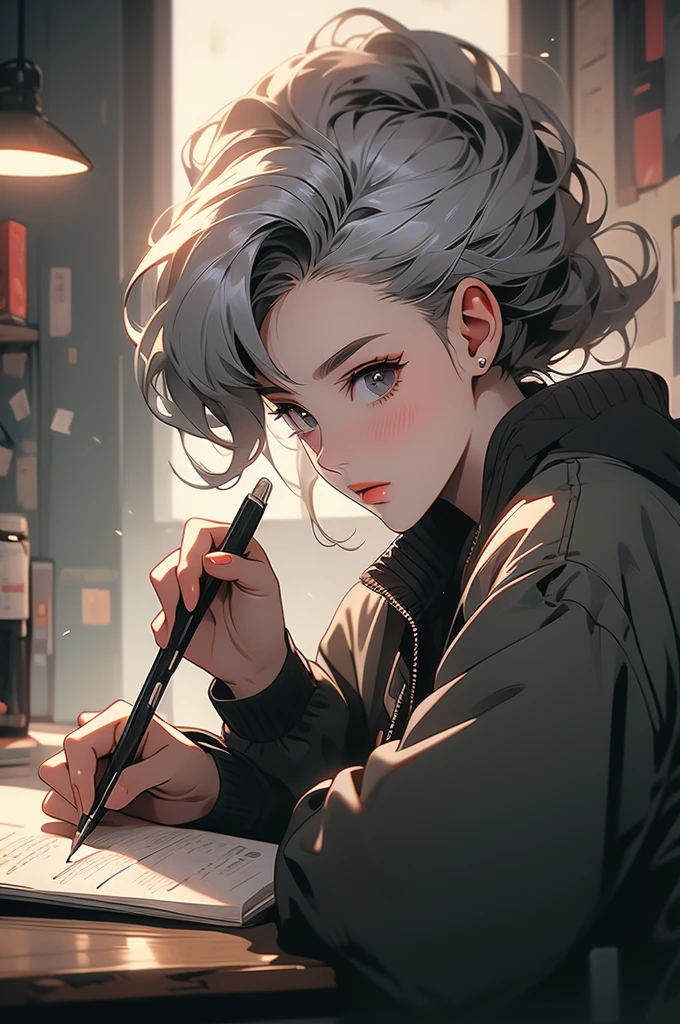 1girl, detective, cyberpunk, dim lighting, cabinet, across the table, holding a pen, gray hair