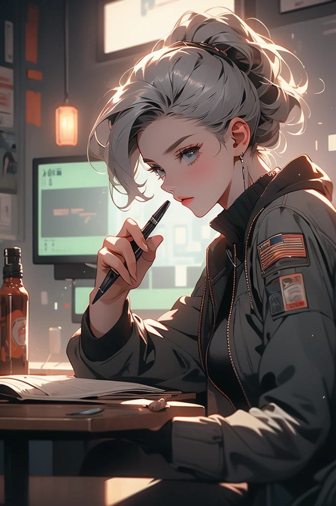 1girl, detective, cyberpunk, dim lighting, cabinet, across the table, holding a pen, gray hair