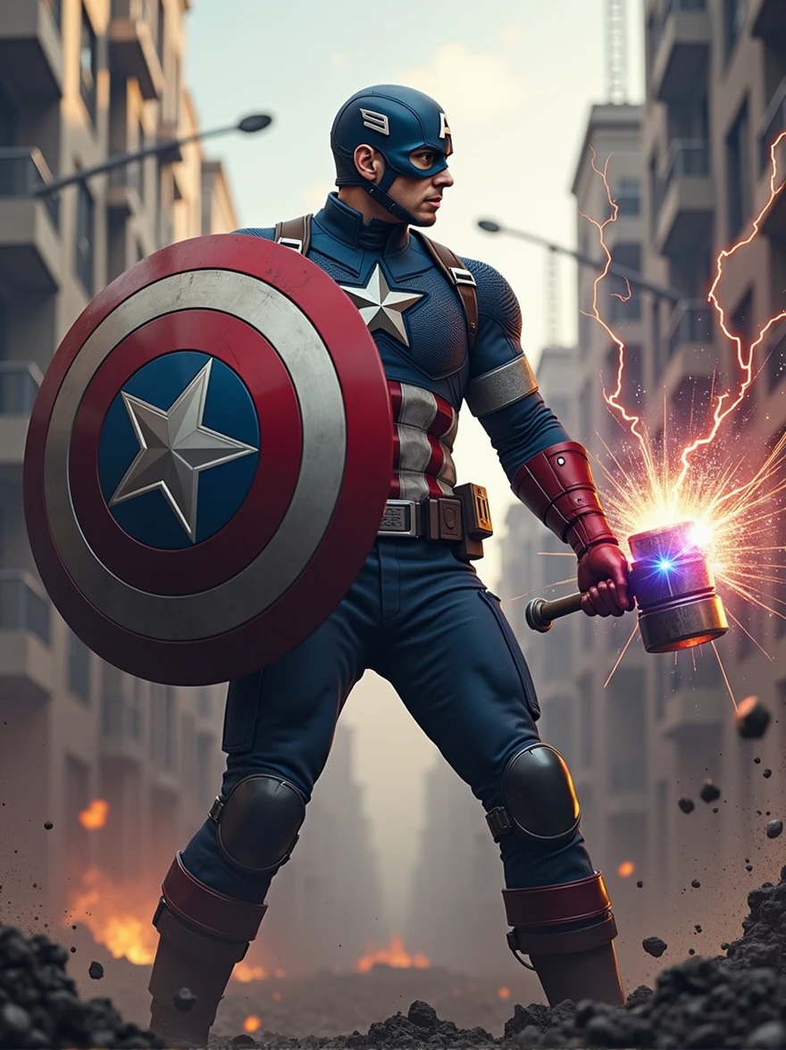 captain america fight with mjolnir and shield