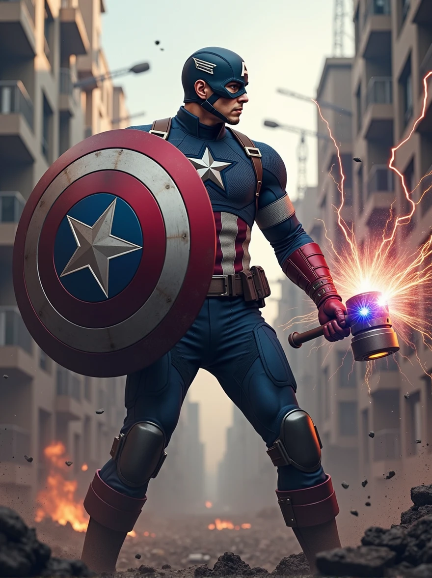 captain america fight with mjolnir and shield