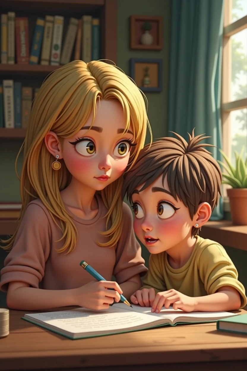 a blondie girl studing spanish with her litle brother, streaked hair, furrowed brow, blind box toy style, depth of field, three sided view, masterpiece