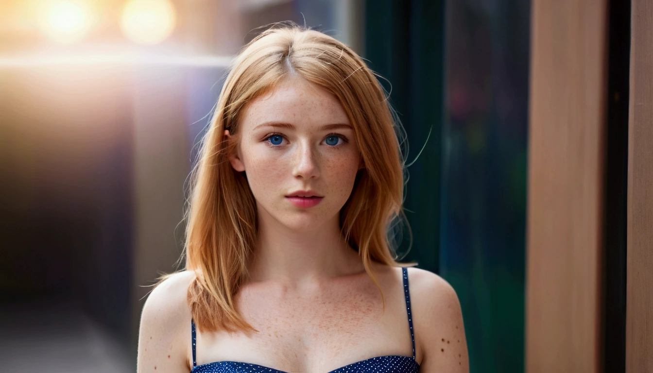 Full body portrait, a female, wearing a cocktail dress, 20 years old, European Irish, cute face, high cheekbones, slim body, thin, (large boobs: 0.5), (wide hips: 1.1), straight dark ginger hair, blonde hair highlights, dark brown eyebrow hair, blue eyes, light freckles face, light freckles body, hyper realistic, beautiful, bokeh, candid, raw,