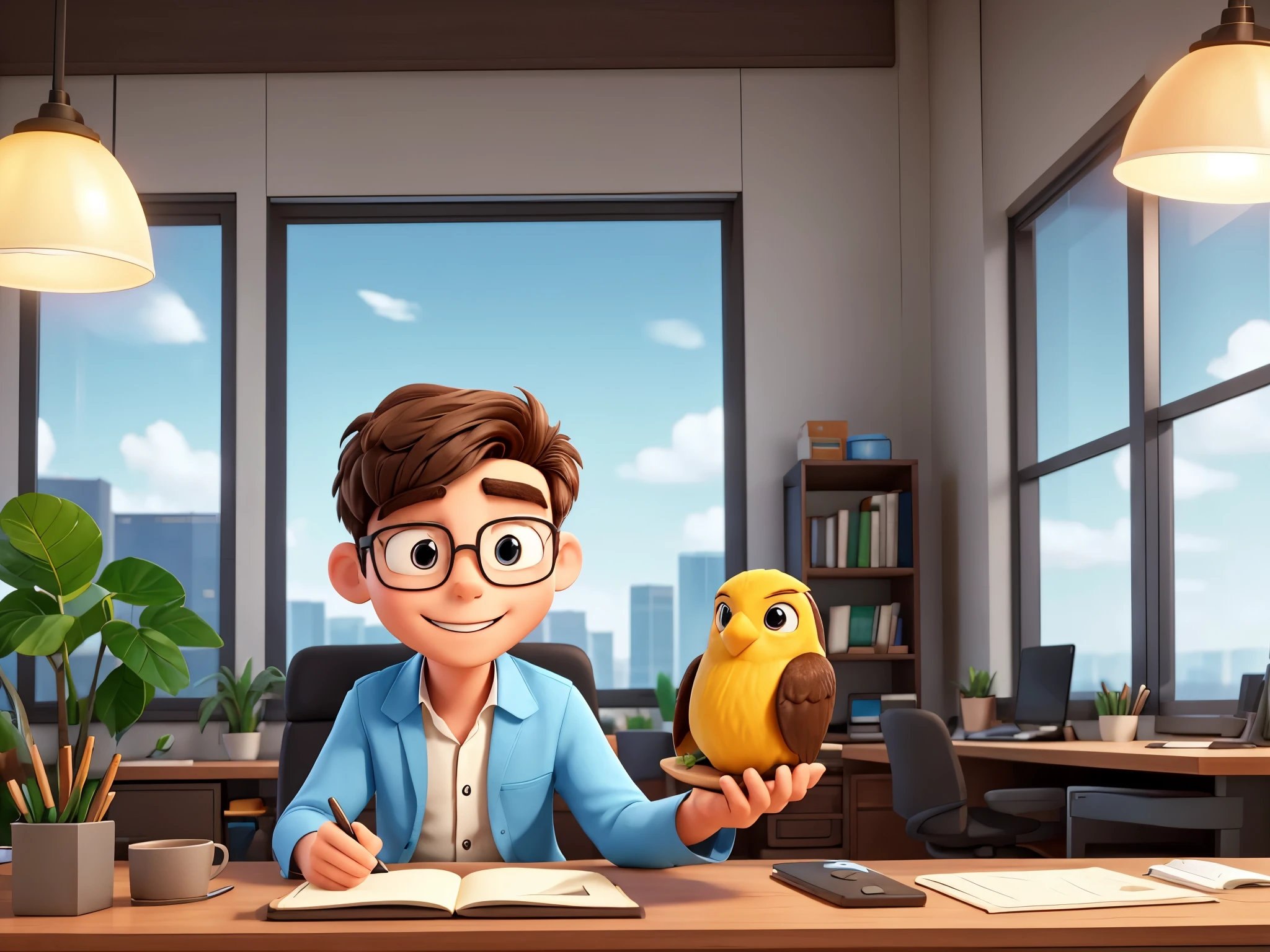 virtual assistant at an environmental consulting firm, Young guy, his name is Heneco and he is from nature, has regional characteristics and in a cheerful corporate environment, brightly lit with a broad view, 8K High Definition.