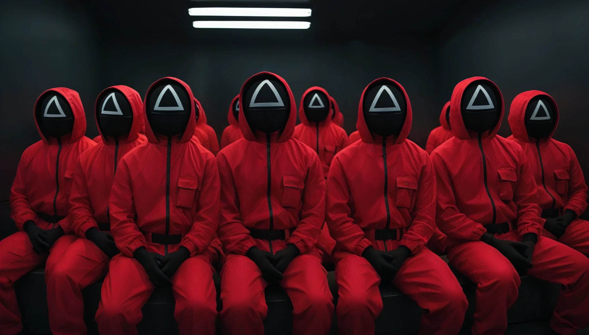 group of masked soldier, red jumpsuit, black face mask, circle symbol on the mask, seated, pitch-black room, eerie silence, minimal lighting, isolated figure, faceless, ominous presence, tense atmosphere, solitary, oppressive darkness, disciplined posture, geometric design, stark contrast