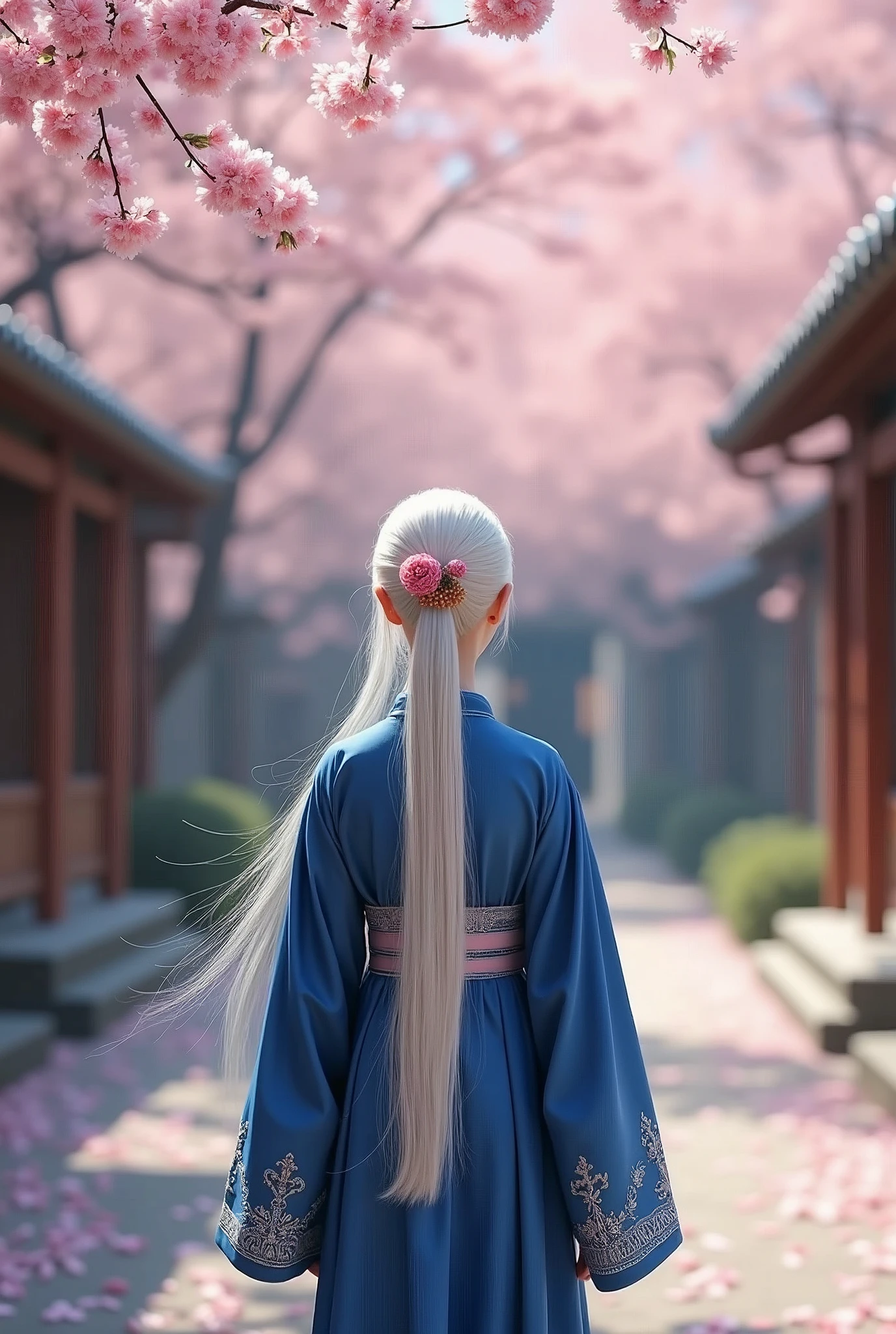 The scene opens in a tranquil courtyard filled with blooming cherry blossoms. The soft petals gently fall, creating a serene and peaceful atmosphere. The courtyard is surrounded by traditional stone walls, and in the center, there is an open space where young girl ,Deep blue robe with silver embroidery, full body, neatly tied long white hair, small floral accessory, hyperrealism, 4k, HD,