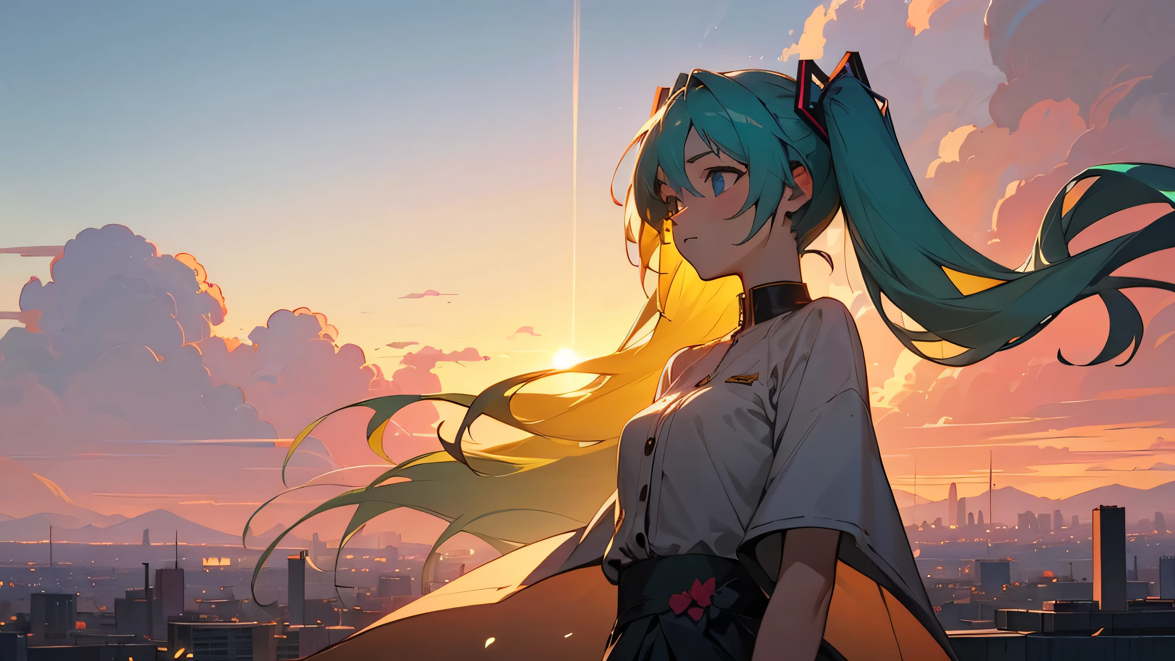 (masterpiece,best quality:1.4), high resolution,super fine illustration, detailed skin, detailed face, detailed eyes,"Describe a serene scene of Hatsune Miku gazing up at the sky at dawn, with soft rays of sunlight filtering through the clouds.The atmosphere is calm and peaceful, with a gentle breeze rustling through the city. Hatsune Miku's hair and dress flow gracefully in the wind, and there is a sense of tranquility and sadness in her expression.",with a wide shot,using a pulled-back composition