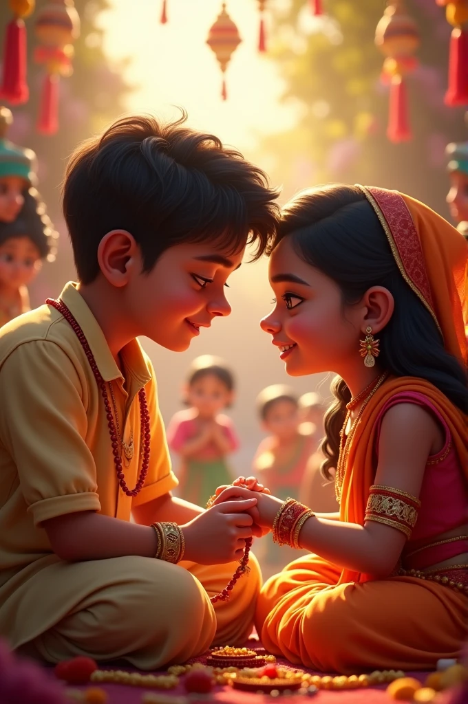 The boy's shy but determined expression. The girl, dressed in a colorful saree or salwar kameez, tying up decorations. The boy catches a glimpse of the girl and is mesmerized.