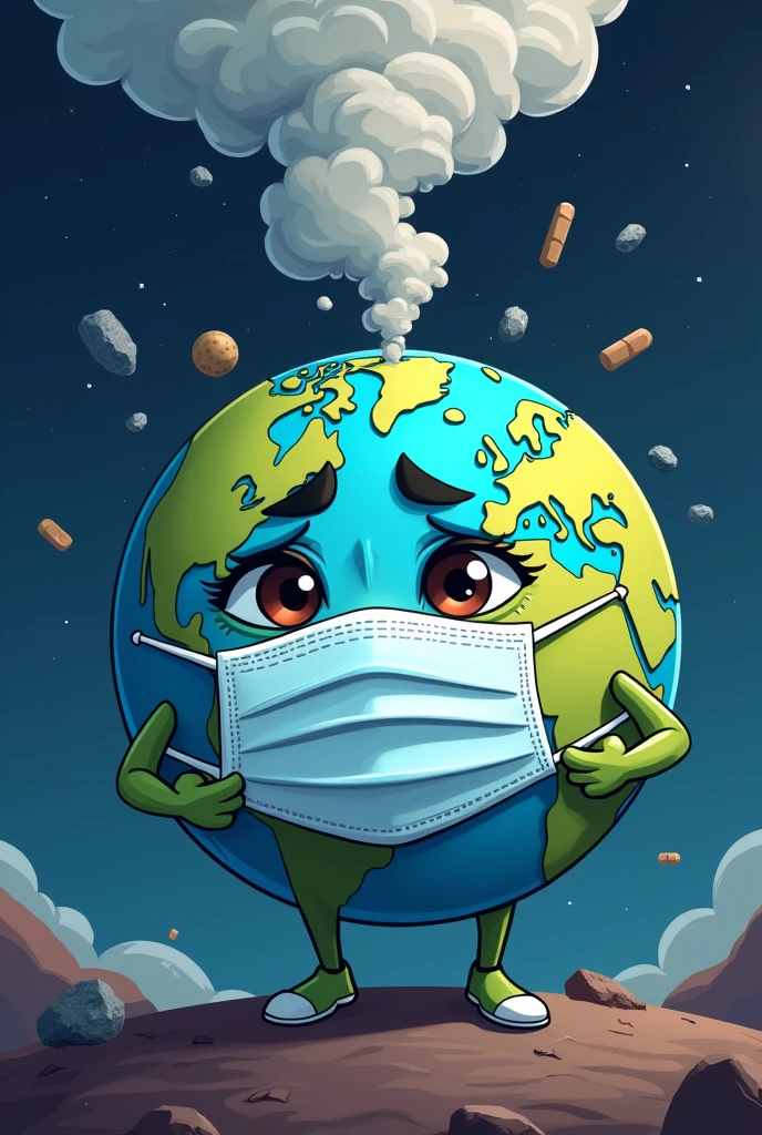 A cartoon Earth with a sad face and a mask, with pollution above it in space