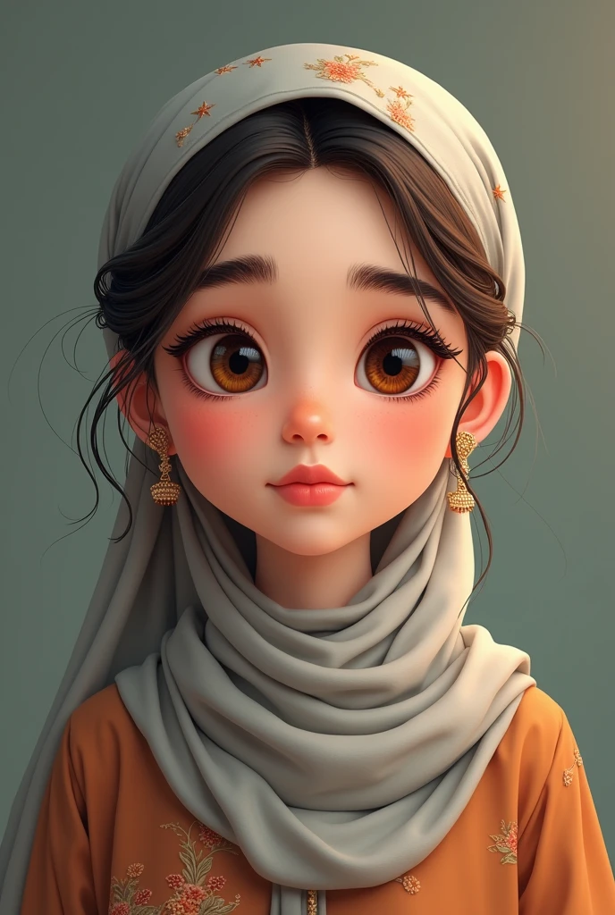 Beautiful young Muslim girl posing,detailed face, cute, doe eyes, iconic, islamic dress, small nose, beautiful natural lips without lipstick, symmetric face, masterpiece, 8k, cartoon
