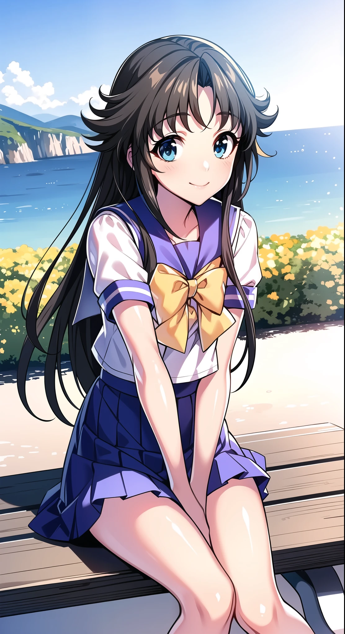  (Masterpiece:1.3),Best quality, high resolution,8k,Black hair,llong hair,sailor collar with a white stripe, yellow bow, blue pleated skirt,school_uniform, purple school uniform,short_sleeves,best smile, beautiful scenery, mini_skirt,bench, skirt that rolls up, beautiful scenery, incredible views,summer,(visible panties),sitting