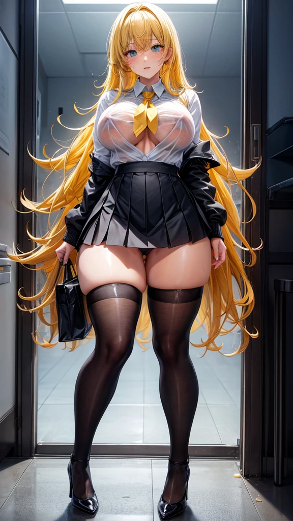 School miniskirt, black thigh high stockings, thick thighs, big breasts, marked nipples, wet clothes, Transparent clothing, showing panties, white panties, without bra, Yellow hair, Long hair, black heels