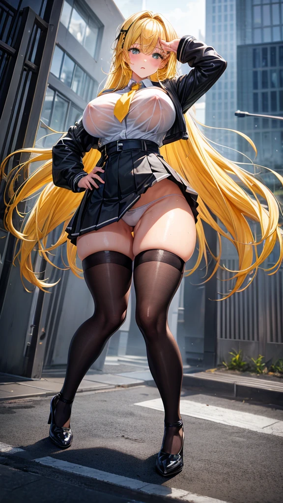 School miniskirt, black thigh high stockings, thick thighs, big breasts, marked nipples, wet clothes, Transparent clothing, showing panties, white panties, without bra, Yellow hair, Long hair, black heels