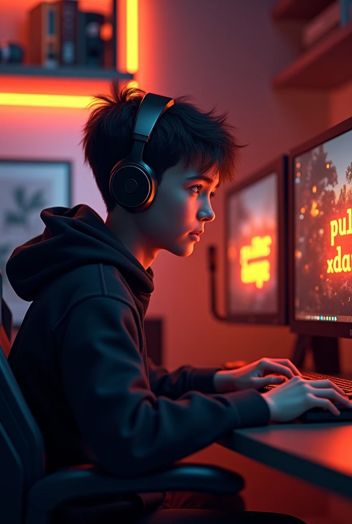Create A 3D Realistic image of a Boy sitting in gaming room on gaming chair and playing on pubg application on his pc. The boy must wear dark black hoodie headphones And his name "falinTDMxDAKU " is Written on his pc with orange colour neon light.