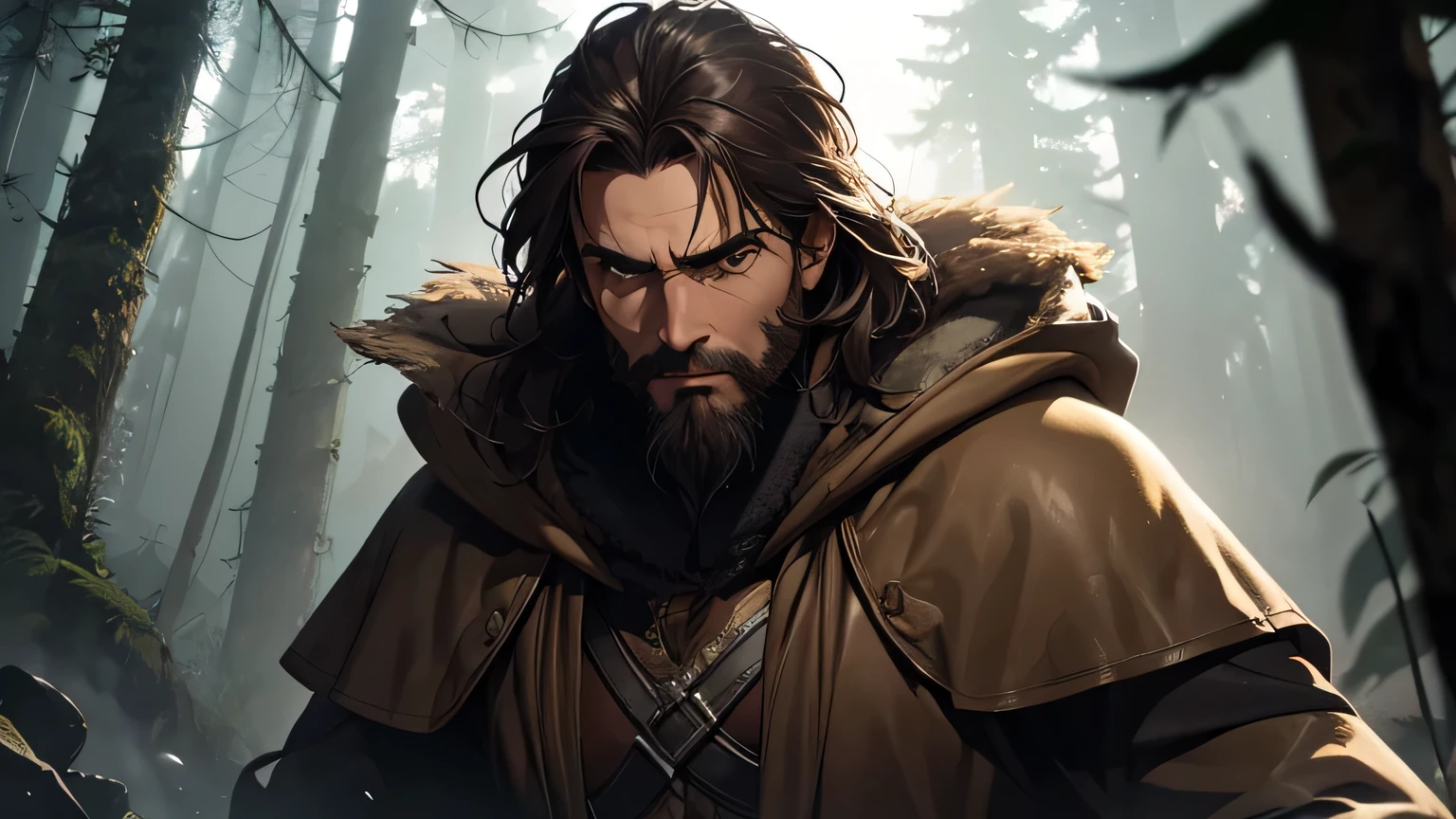 Scared man with dark brown beard, long dark brown hair, light yellowish brown eyes and dark brown and light brown robe from the 4th century BC, with a light brown cloak, about 50 years old, running in a dark and mysterious forest at night, running in the forest, moody lighting, hyper-realistic cinematic lighting,