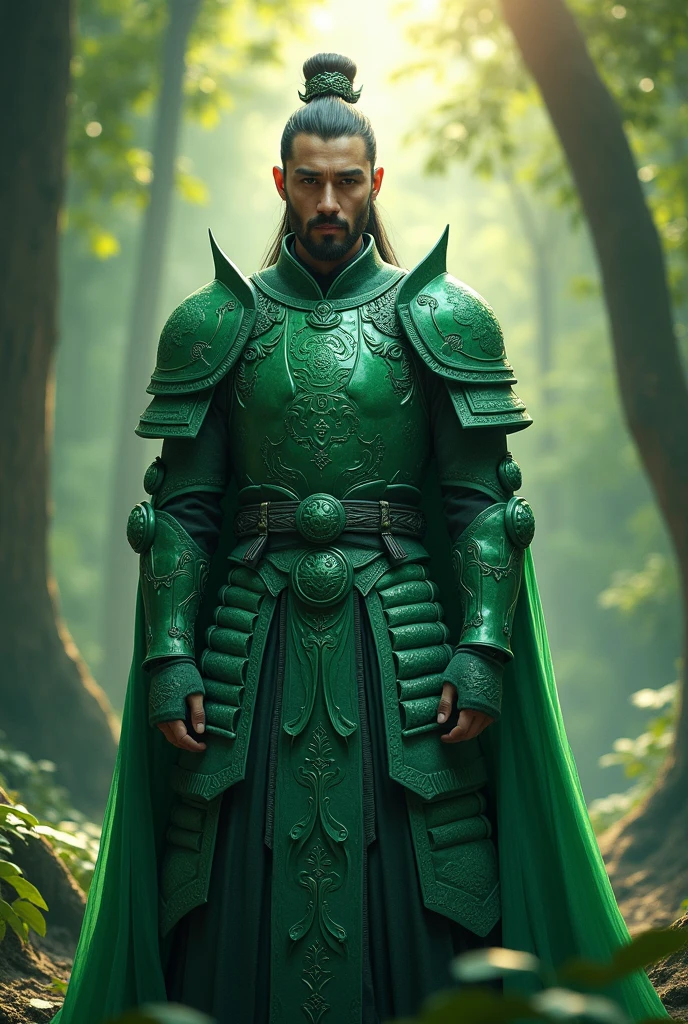 A jade warrior in a forest, him armour is like a jade gems, is a men