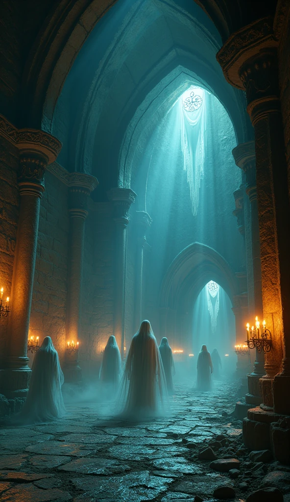 A Halloween background inside an ancient, crumbling castle, with glowing runes on the walls, floating candles lighting the space, and ghostly figures drifting around, detailed and atmospheric