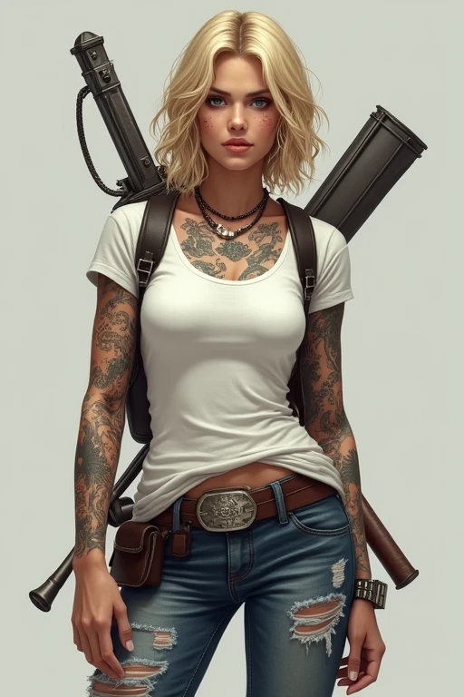 Young blonde woman with medium-length curly hair, elle porte un jean troué et un t-shirt blanc qui laisse  apparaitre de nombreux tatouages du côté gauche de son corps. She carries weapons. Elle est déterminée et zen à la fois 