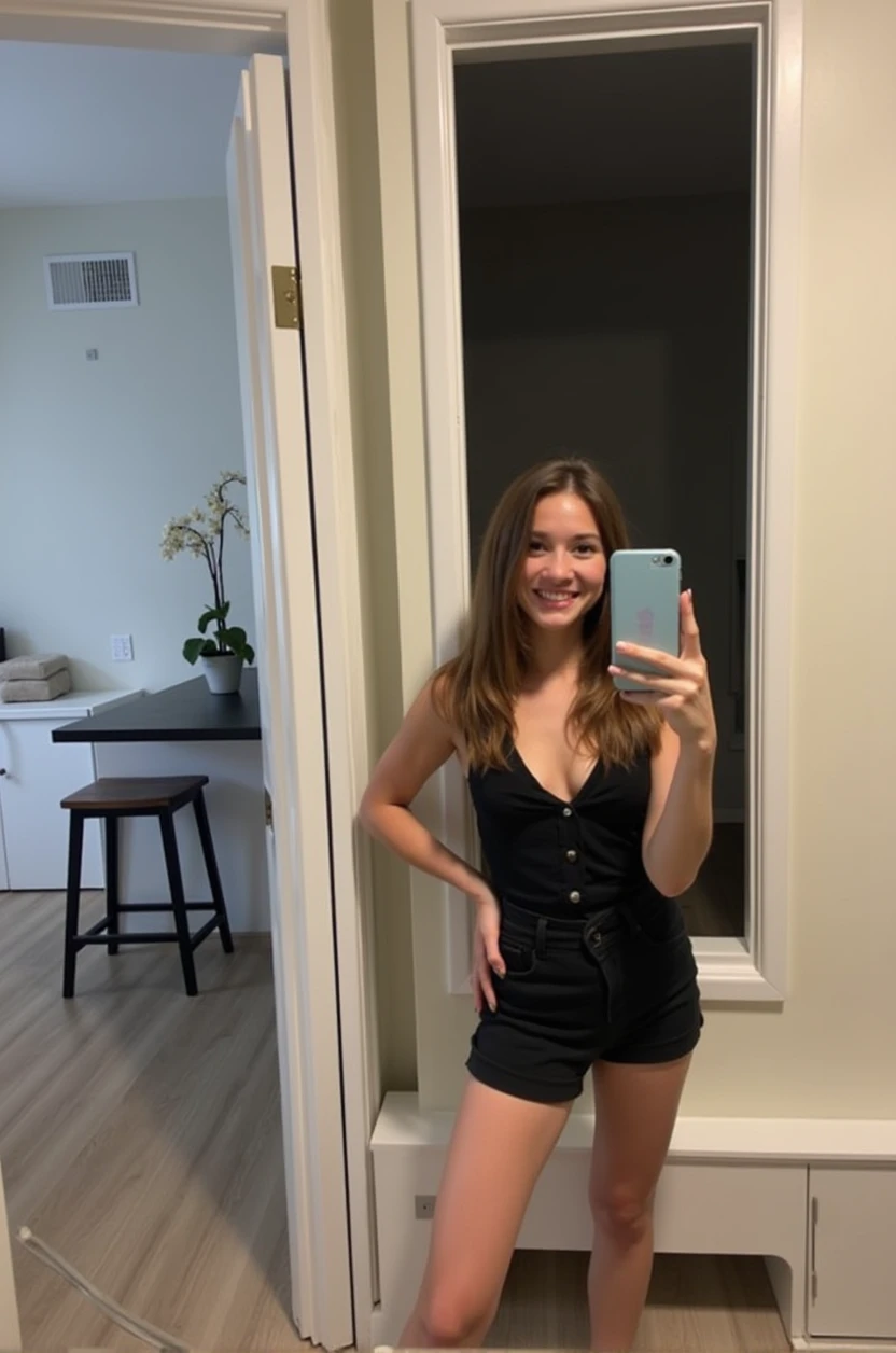 Beautiful 18 year old woman, Brown hair, young face of  