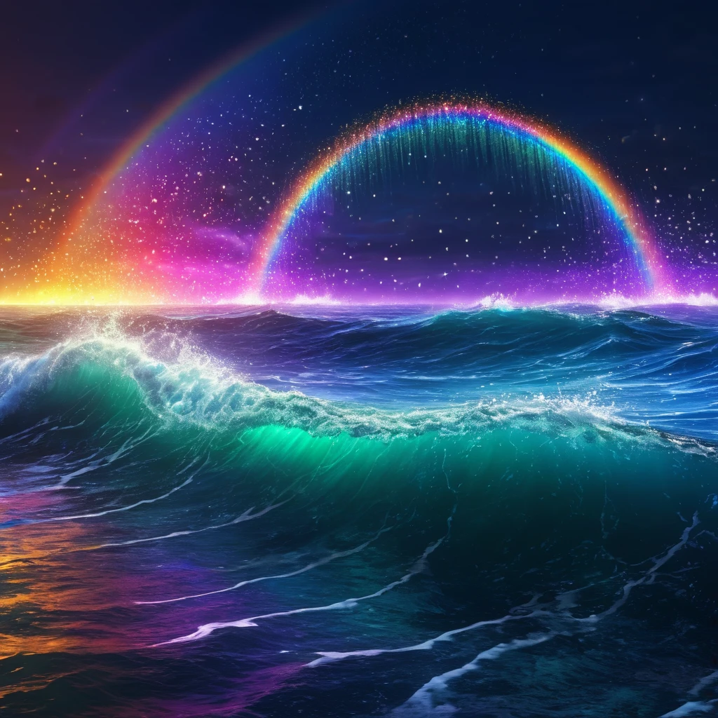 stormy sea , rainbow particles , rays of starlight , realistic , beautiful clarity , 4k , best quality , super details , 8K, style neon