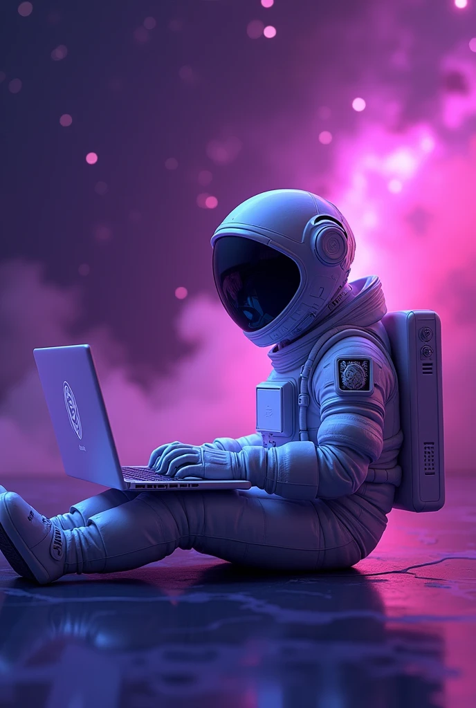 full zoom clean sitting pose of a little human astronaut avatar of freelancer working casually on macbook in room with purple background in galaxy