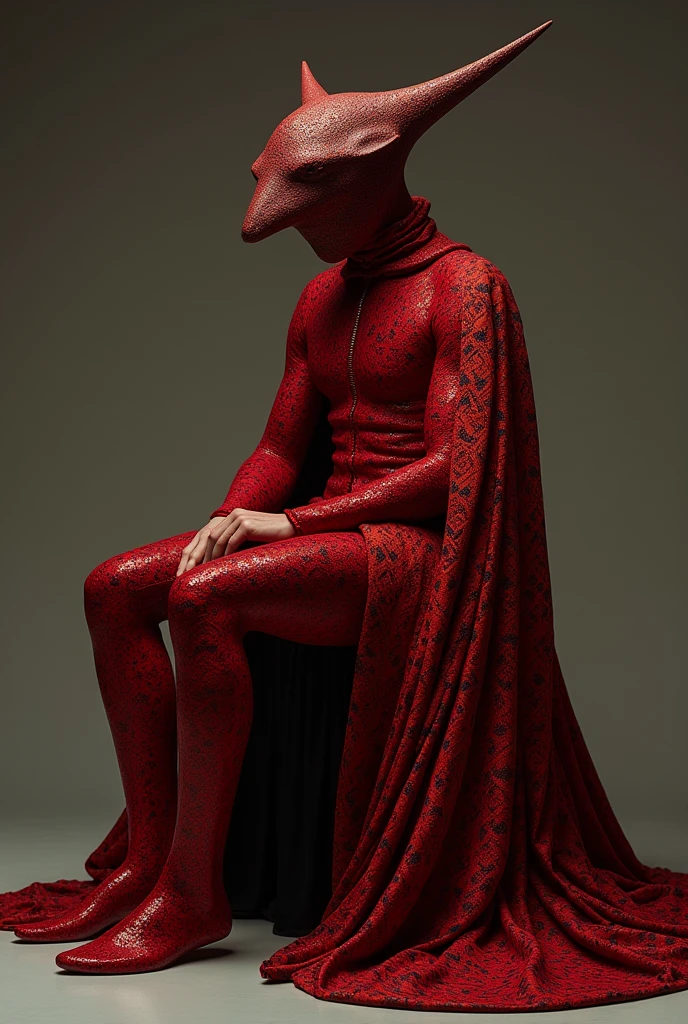 A figure draped in a shimmering red garment with a unique geometric pattern. The garment has a pointed, elongated structure extending from the head, resembling a helmet or mask. The figure is seated, with one leg extended forward and the other bent. The background is muted, emphasizing the figure and the garment., fashion
