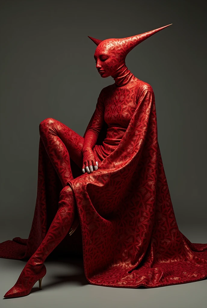 A figure draped in a shimmering red garment with a unique geometric pattern. The garment has a pointed, elongated structure extending from the head, resembling a helmet or mask. The figure is seated, with one leg extended forward and the other bent. The background is muted, emphasizing the figure and the garment., fashion