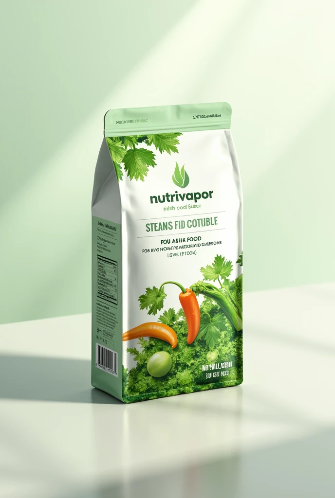 Create an image of a packaging for steaming cooked vegetables and put the Nutrivapor brand on it. 