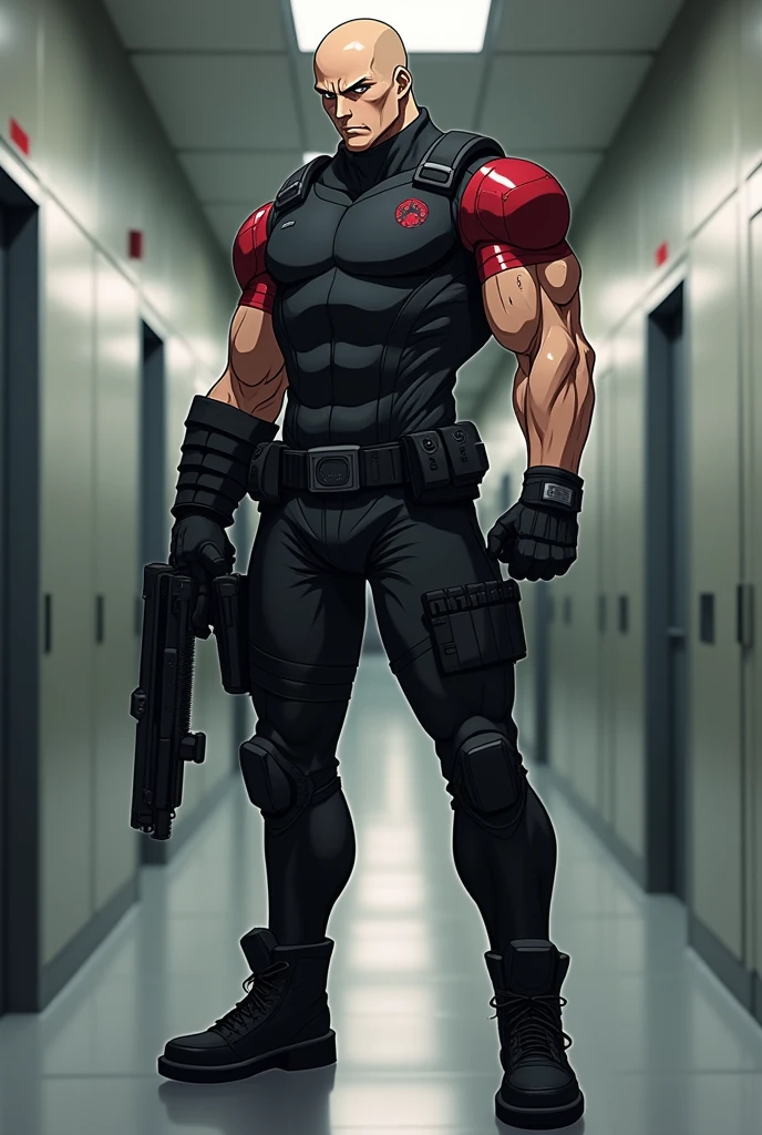 A tall man. Your body is well defined. His face is square and strong, with a well-defined jawline. Firm jawline and prominent cheekbones. Large, expressive dark eyes. baldie. Straight and strong nose, harmonizing with her facial features. Medium and well-defined lips, displaying a serious expression. Your skin is tanned. He has visible scars on his arms and face. She wears a body-hugging combat suit, made from a lightweight material, Flexible and durable. The suit is black with dark red details, designed to allow maximum mobility and discretion. Has hidden pockets and compartments for storing small tools and weapons. She wears black combat boots that reach halfway up her calf, with non-slip soles and reinforced tips for additional protection. black fingerless gloves, made from the same durable material as the suit, providing a better grip on his weapons and on surfaces. A black belt with several pockets and compartments to store smoke grenades, and other tactical equipment. Metal bracelets on the forearms. serious and focused expression. Hall in the background. anime styling.