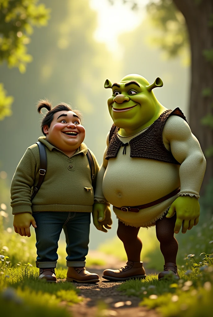 Shrek alongside Alfonso Obregón, his voice actor in Latin America, looking cheerful