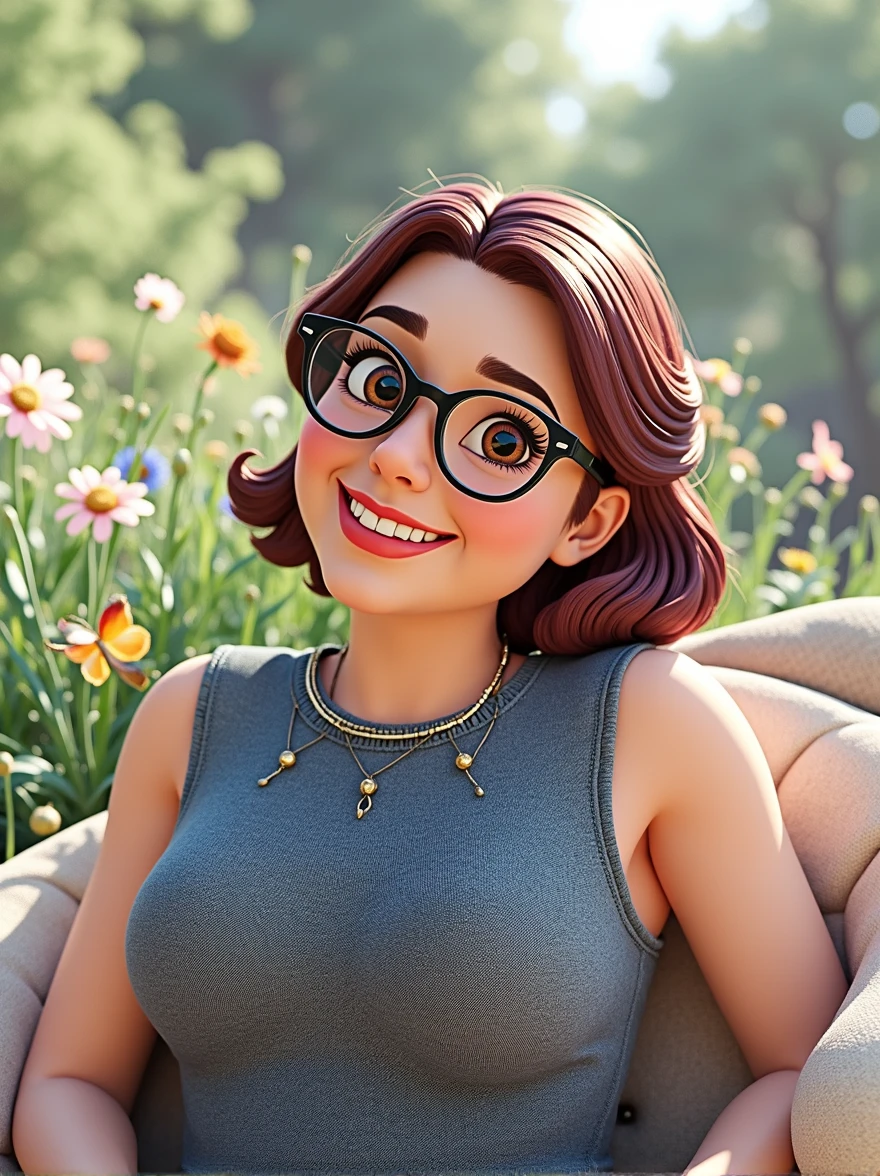 Pixar style image with 3D character black glasses brunette woman short marsala hair, Maquiagem Disney,flores , bonitinho, sorridente ,Close-up, Pixar, Disney, Cinema lighting,